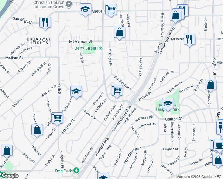 map of restaurants, bars, coffee shops, grocery stores, and more near 1934 La Corta Street in Lemon Grove