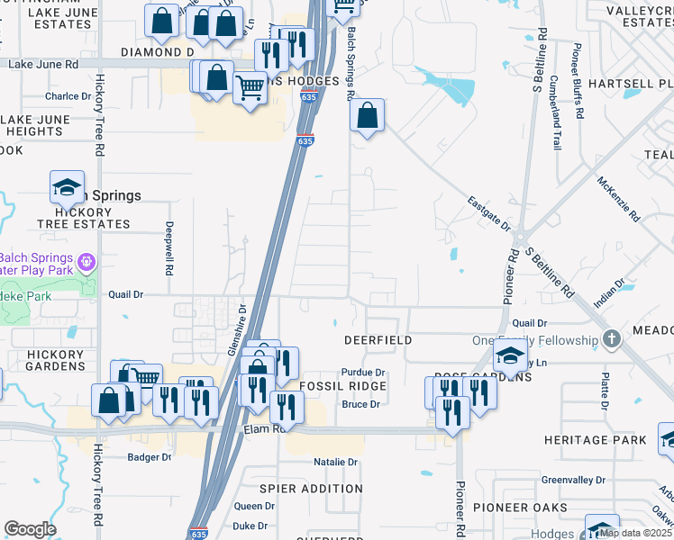 map of restaurants, bars, coffee shops, grocery stores, and more near 12604 Crestwood Lane in Balch Springs