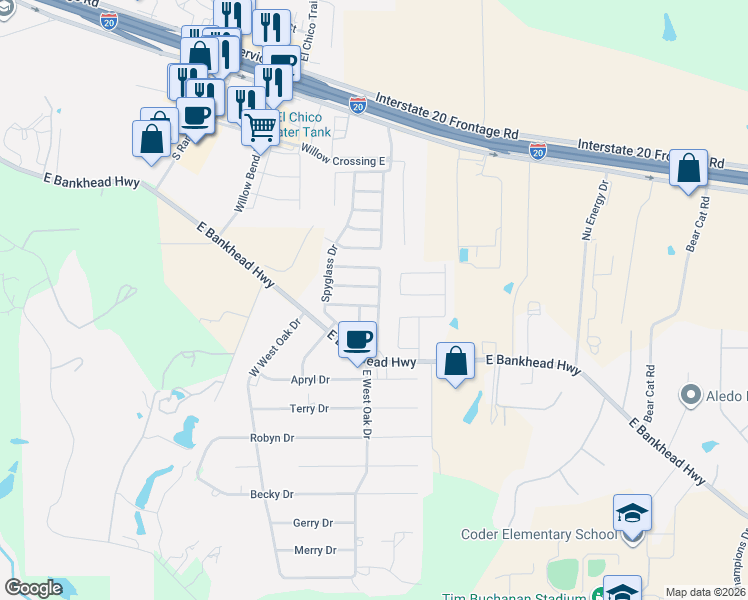 map of restaurants, bars, coffee shops, grocery stores, and more near 454 Spyglass Drive in Willow Park