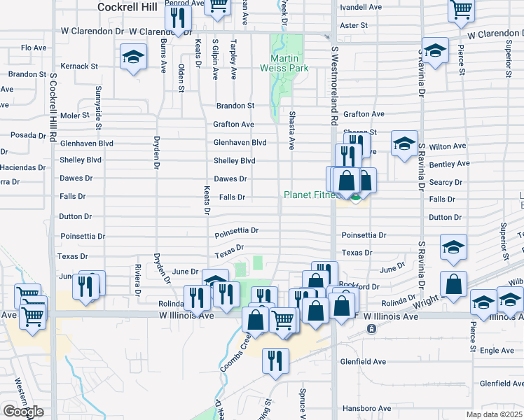 map of restaurants, bars, coffee shops, grocery stores, and more near 3536 Dutton Drive in Dallas