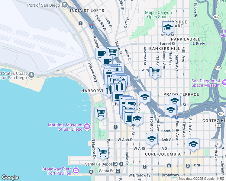 map of restaurants, bars, coffee shops, grocery stores, and more near 949 West Hawthorn Street in San Diego