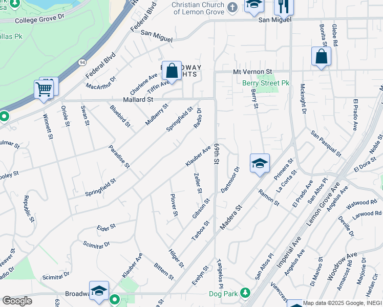 map of restaurants, bars, coffee shops, grocery stores, and more near 1912 Klauber Avenue in San Diego