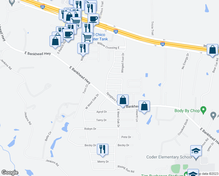 map of restaurants, bars, coffee shops, grocery stores, and more near 132 Olympic Drive in Willow Park