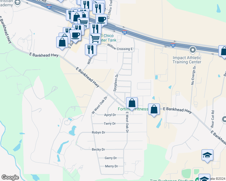 map of restaurants, bars, coffee shops, grocery stores, and more near 350 Spyglass Drive in Willow Park
