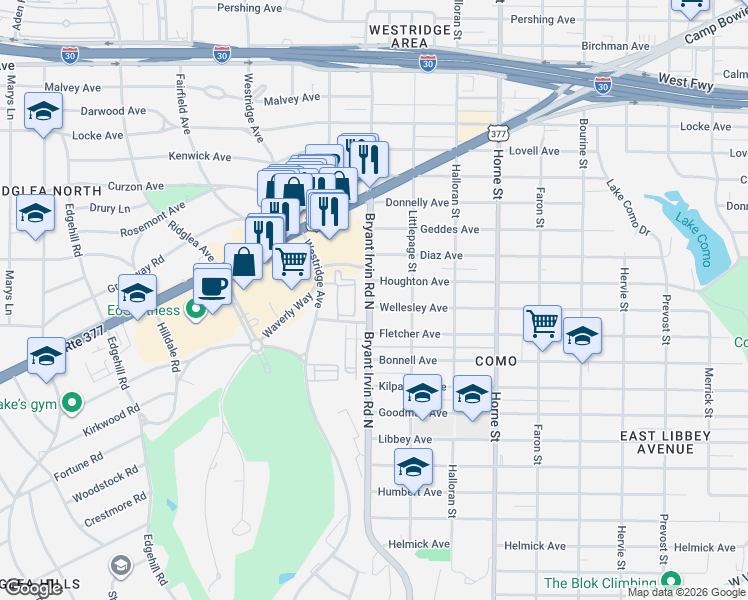map of restaurants, bars, coffee shops, grocery stores, and more near 5938 Wellesley Avenue in Fort Worth