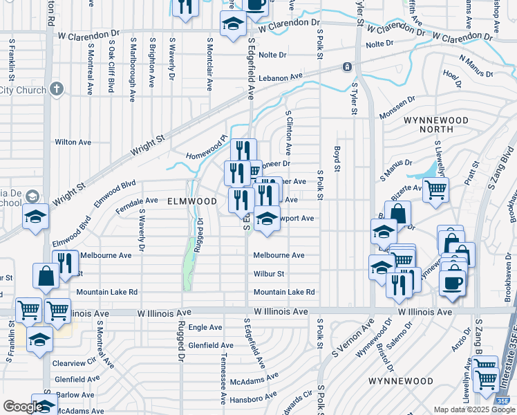 map of restaurants, bars, coffee shops, grocery stores, and more near 2104 South Edgefield Avenue in Dallas