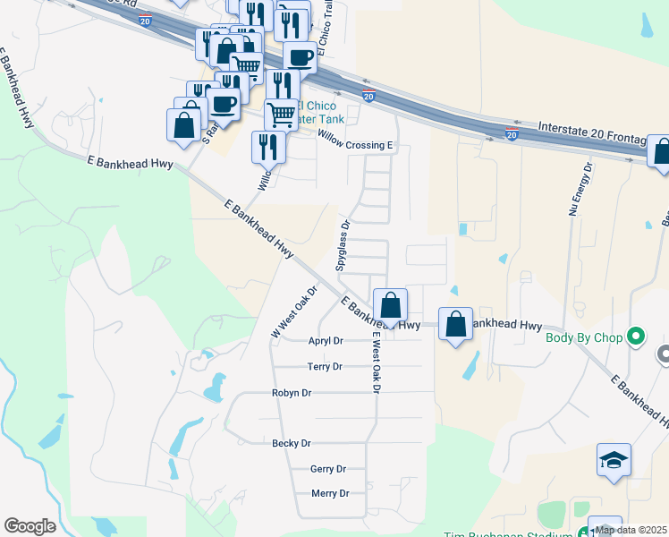 map of restaurants, bars, coffee shops, grocery stores, and more near 342 Spyglass Drive in Willow Park