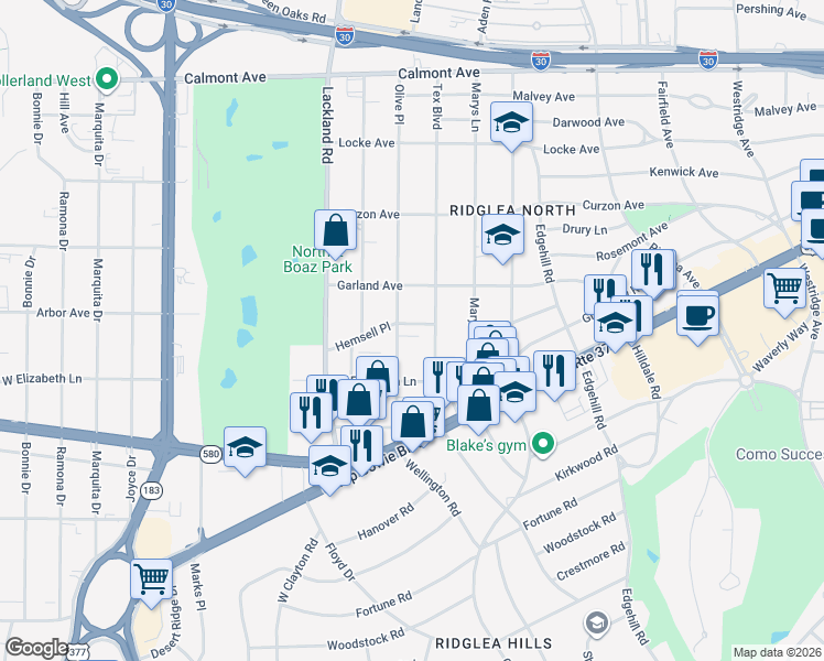 map of restaurants, bars, coffee shops, grocery stores, and more near 6616 Berke Place in Fort Worth