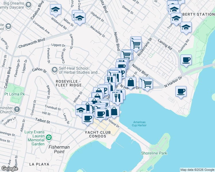 map of restaurants, bars, coffee shops, grocery stores, and more near 1429 Locust Street in San Diego