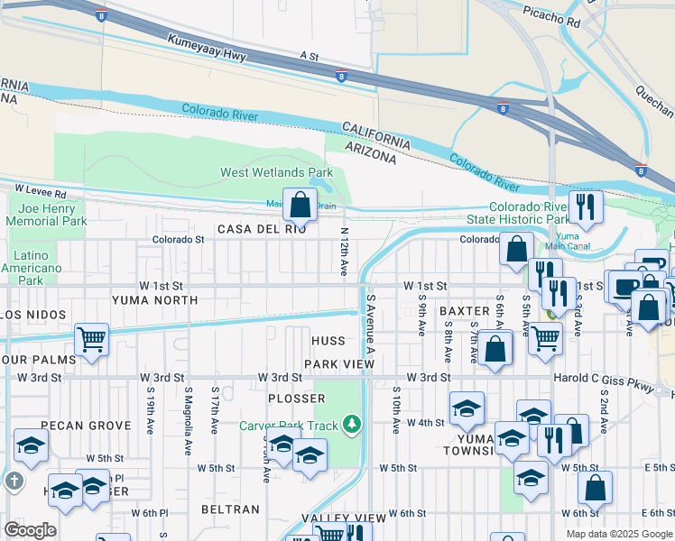 map of restaurants, bars, coffee shops, grocery stores, and more near 1200 West 1st Street in Yuma