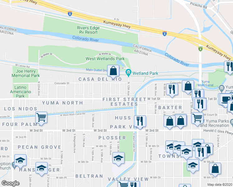 map of restaurants, bars, coffee shops, grocery stores, and more near 120 North 13th Avenue in Yuma