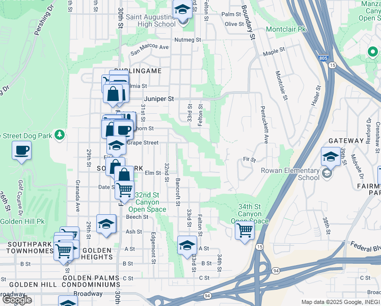 map of restaurants, bars, coffee shops, grocery stores, and more near 3330 Fir Street in San Diego