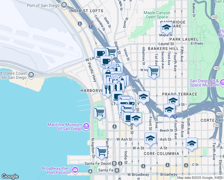 map of restaurants, bars, coffee shops, grocery stores, and more near 949 West Hawthorn Street in San Diego