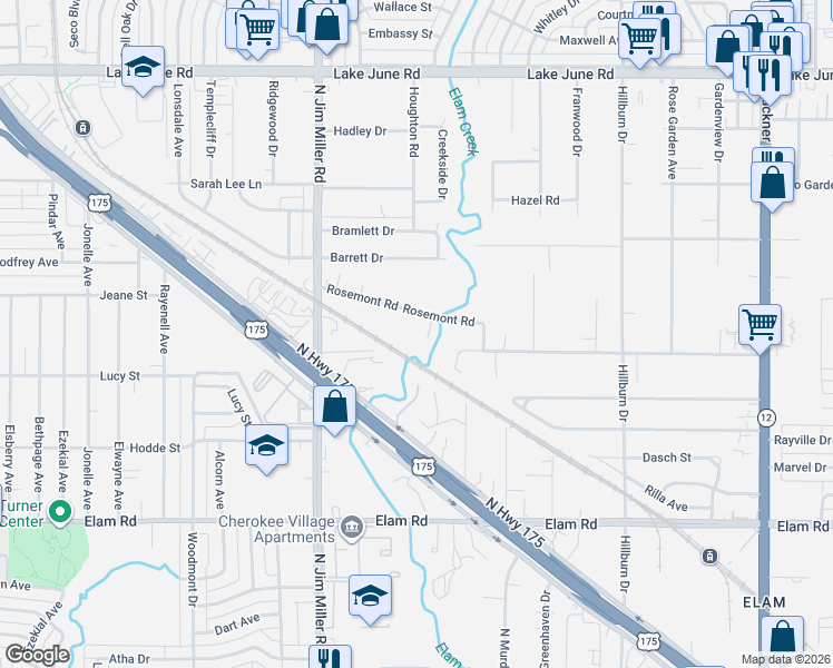 map of restaurants, bars, coffee shops, grocery stores, and more near 7322 Rosemont Road in Dallas