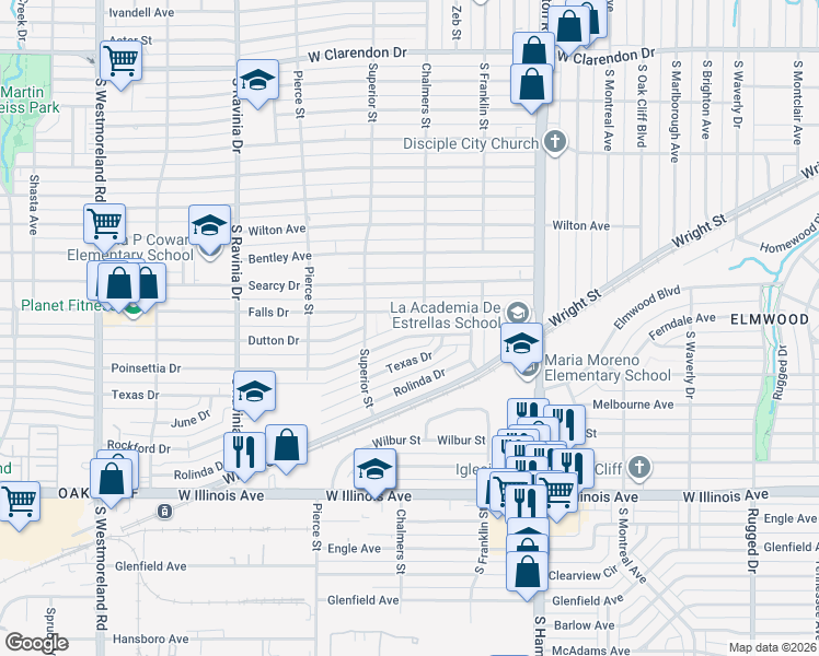 map of restaurants, bars, coffee shops, grocery stores, and more near 2641 Poinsettia Drive in Dallas