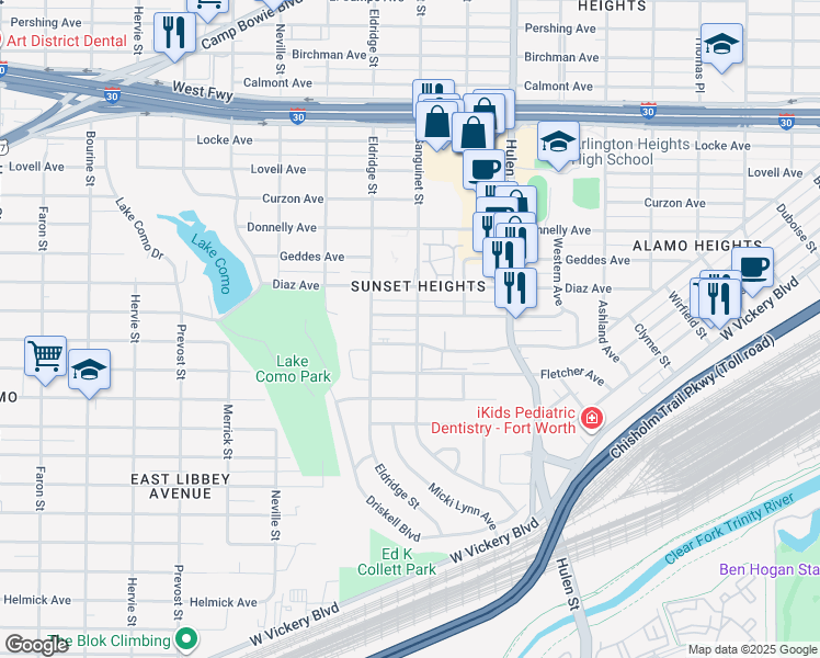 map of restaurants, bars, coffee shops, grocery stores, and more near 4808 Wellesley Avenue in Fort Worth