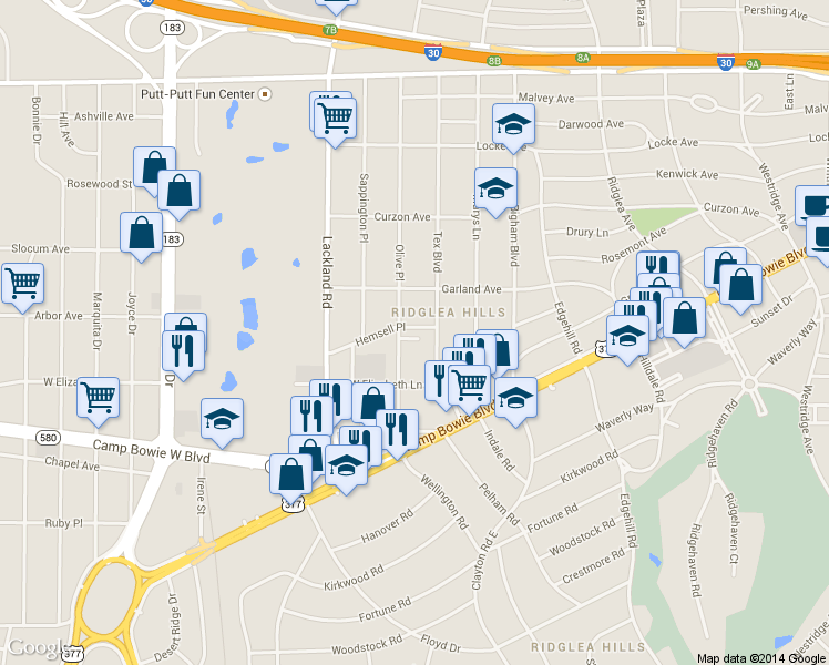 map of restaurants, bars, coffee shops, grocery stores, and more near 6613 Berke Place in Fort Worth