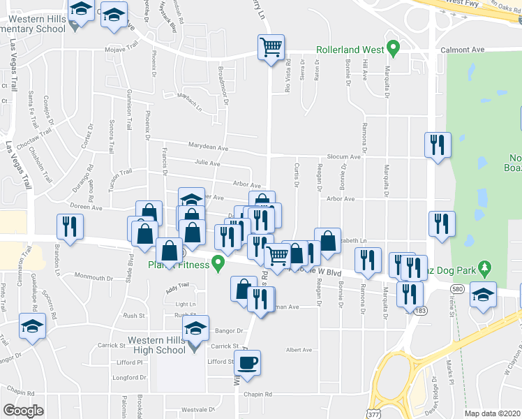 map of restaurants, bars, coffee shops, grocery stores, and more near 3263 Karen Street in Fort Worth