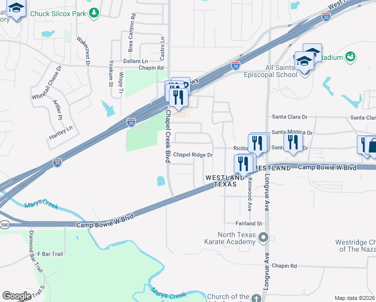 map of restaurants, bars, coffee shops, grocery stores, and more near 3351 Chapel Pointe Trail in Fort Worth