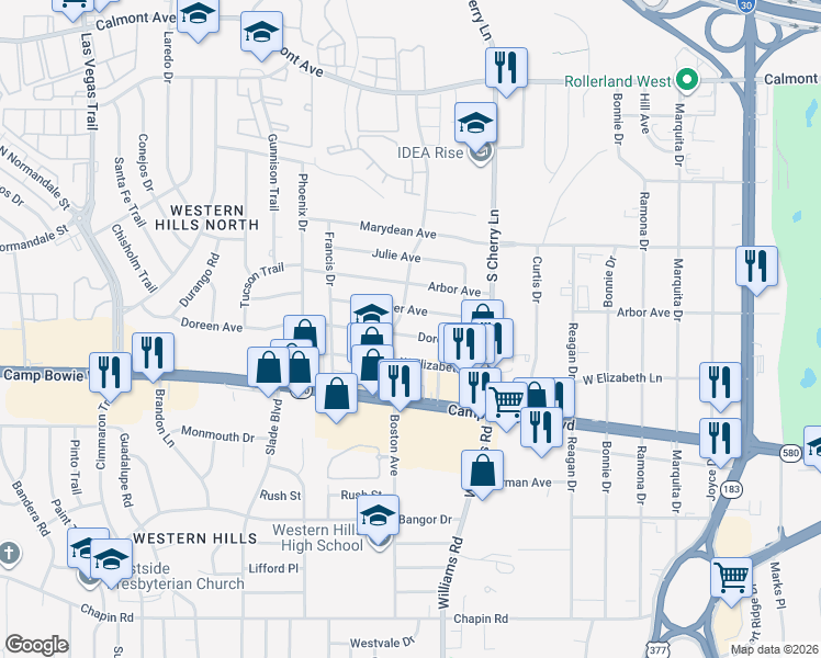 map of restaurants, bars, coffee shops, grocery stores, and more near 8038 Doreen Avenue in Fort Worth