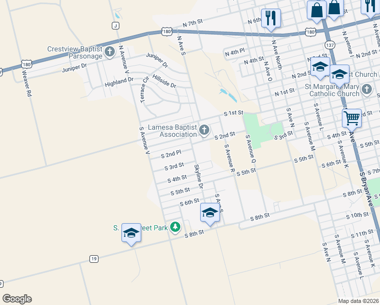 map of restaurants, bars, coffee shops, grocery stores, and more near 2201 South 2nd Place in Lamesa