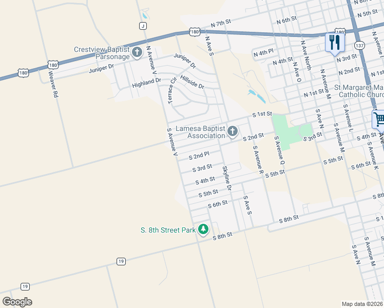 map of restaurants, bars, coffee shops, grocery stores, and more near South 2nd Place in Lamesa