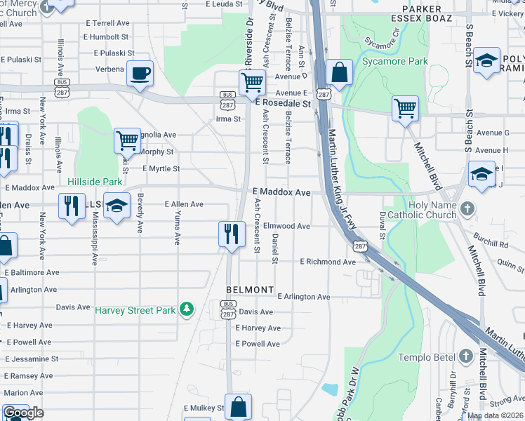 map of restaurants, bars, coffee shops, grocery stores, and more near 1720 Daniel Street in Fort Worth