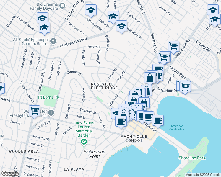 map of restaurants, bars, coffee shops, grocery stores, and more near 1256 Plum Street in San Diego