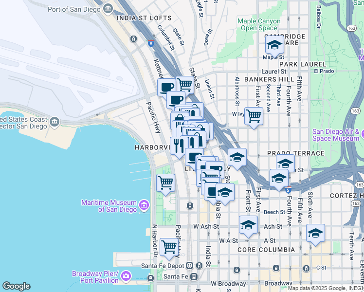 map of restaurants, bars, coffee shops, grocery stores, and more near 949 West Hawthorn Street in San Diego