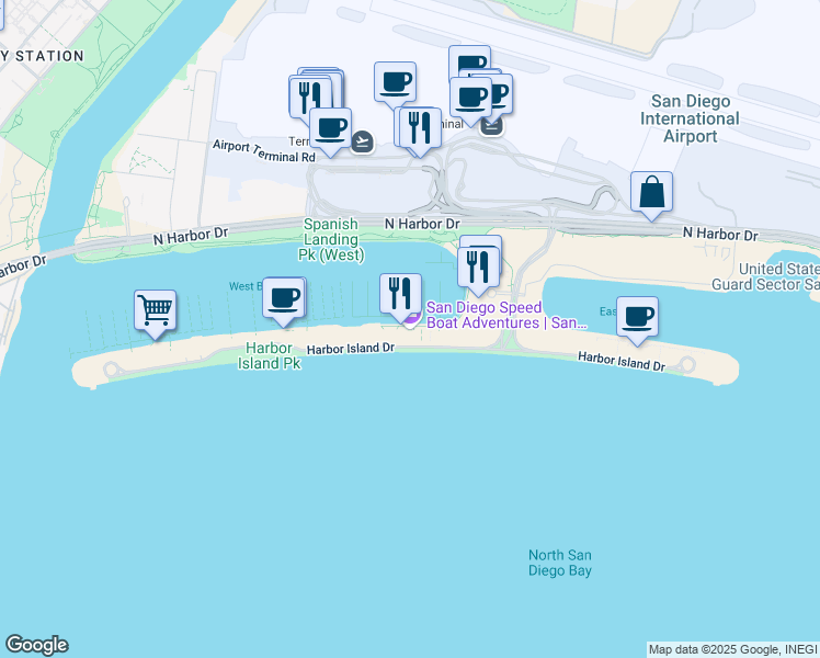 map of restaurants, bars, coffee shops, grocery stores, and more near 1450 Harbor Island Drive in San Diego