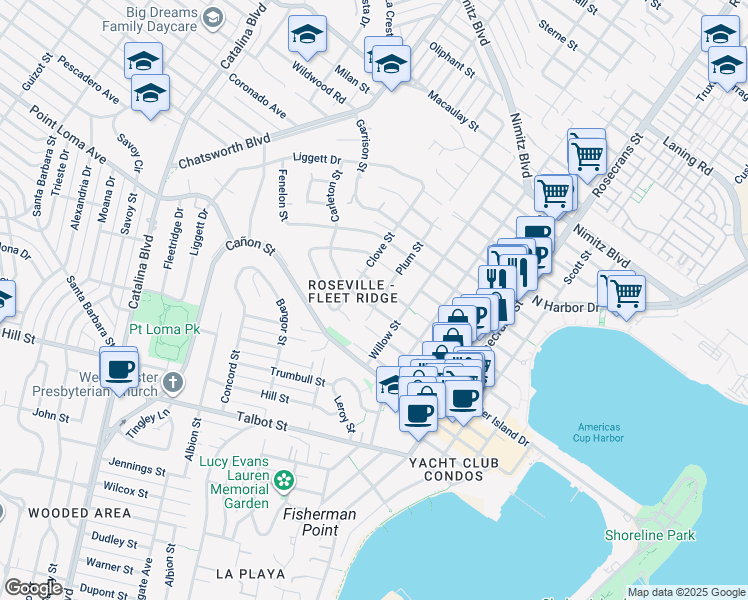 map of restaurants, bars, coffee shops, grocery stores, and more near 1256 Plum Street in San Diego