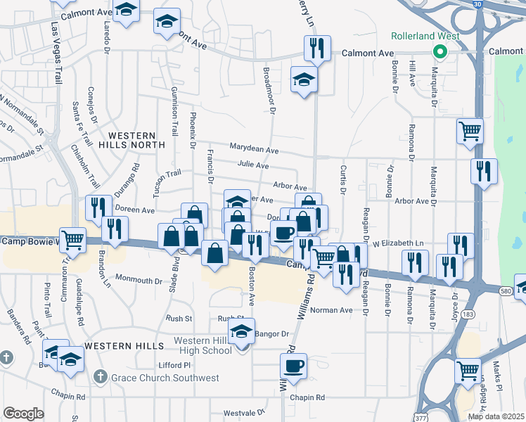 map of restaurants, bars, coffee shops, grocery stores, and more near 8036 Doreen Avenue in Fort Worth
