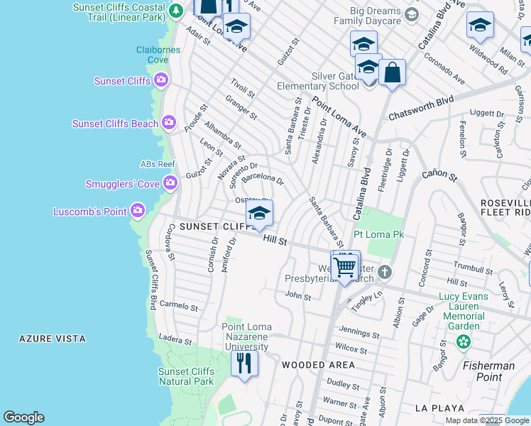 map of restaurants, bars, coffee shops, grocery stores, and more near 4328 Piedmont Drive in San Diego