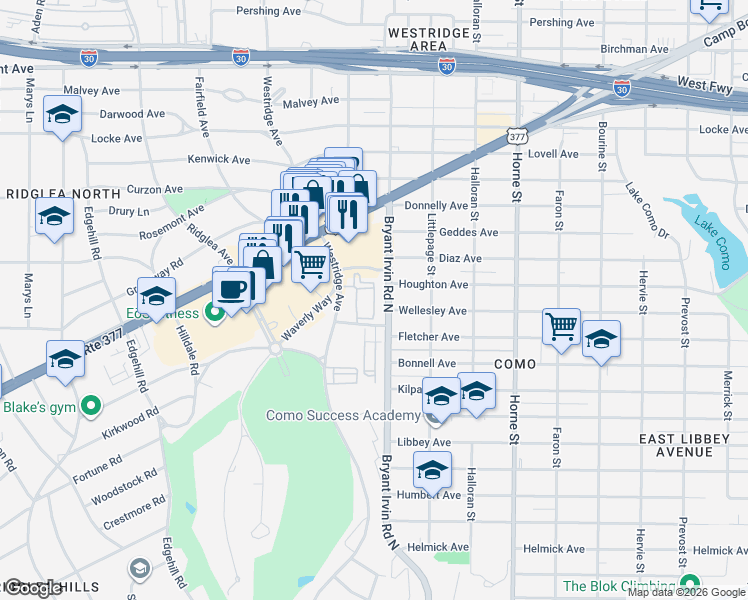 map of restaurants, bars, coffee shops, grocery stores, and more near Dominy Lane in Fort Worth
