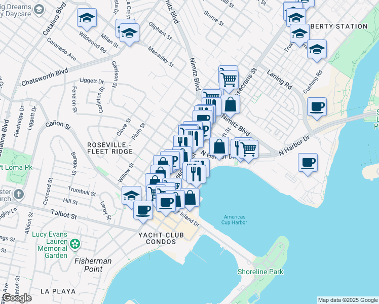 map of restaurants, bars, coffee shops, grocery stores, and more near in San Diego