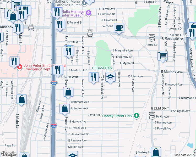map of restaurants, bars, coffee shops, grocery stores, and more near 1125 Elmwood Avenue in Fort Worth