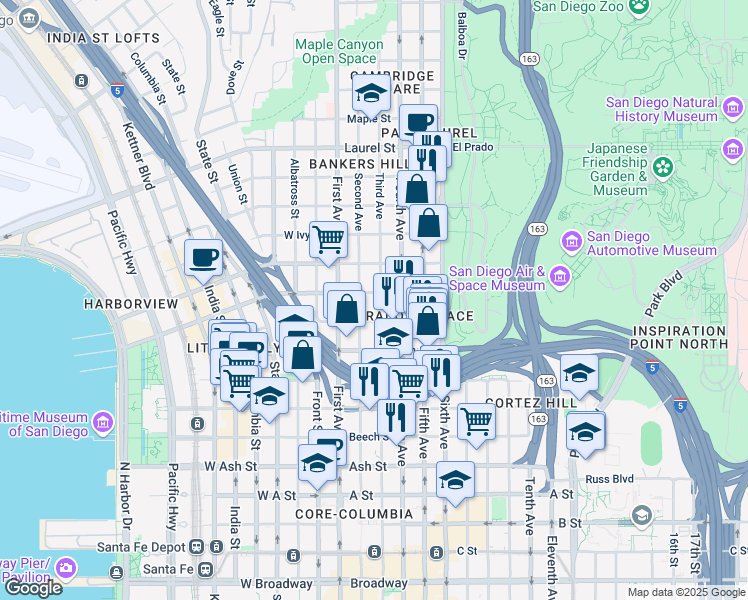 map of restaurants, bars, coffee shops, grocery stores, and more near 1922-1934 Third Avenue in San Diego