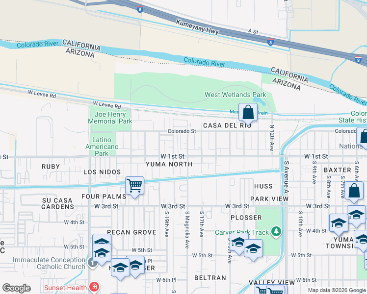 map of restaurants, bars, coffee shops, grocery stores, and more near 100-128 North 18th Avenue in Yuma