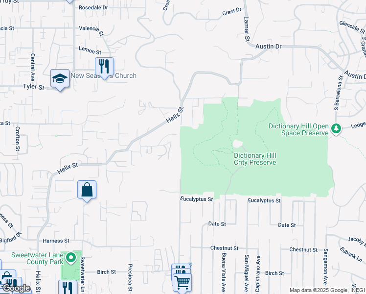 map of restaurants, bars, coffee shops, grocery stores, and more near Buena Vista Avenue in Spring Valley