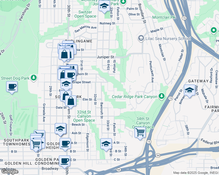 map of restaurants, bars, coffee shops, grocery stores, and more near 3330 Fir Street in San Diego