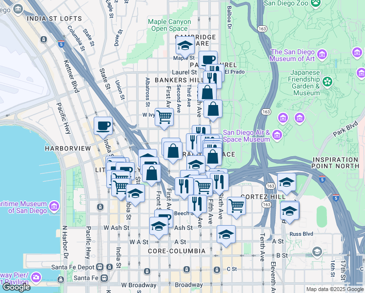 map of restaurants, bars, coffee shops, grocery stores, and more near 1922-1934 Third Avenue in San Diego