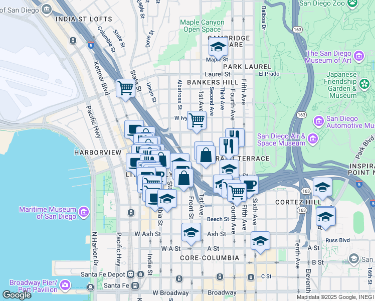 map of restaurants, bars, coffee shops, grocery stores, and more near 1924 Front Street in San Diego