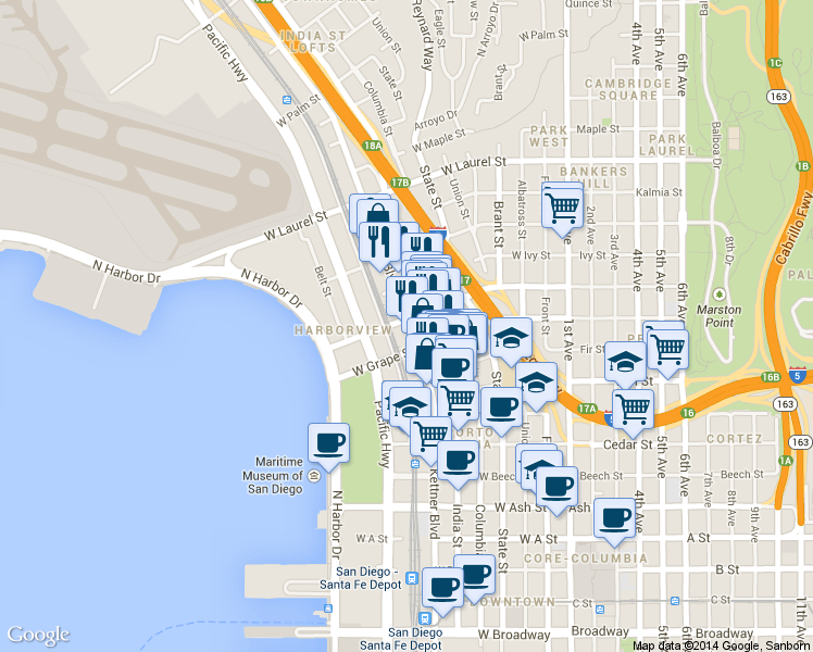 map of restaurants, bars, coffee shops, grocery stores, and more near 949 West Hawthorn Street in San Diego