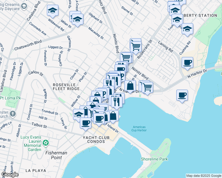 map of restaurants, bars, coffee shops, grocery stores, and more near 3034 Fenelon Street in San Diego