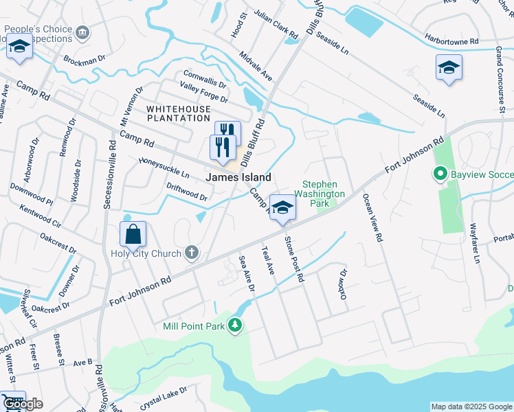 map of restaurants, bars, coffee shops, grocery stores, and more near 1127 Camp Road in Charleston