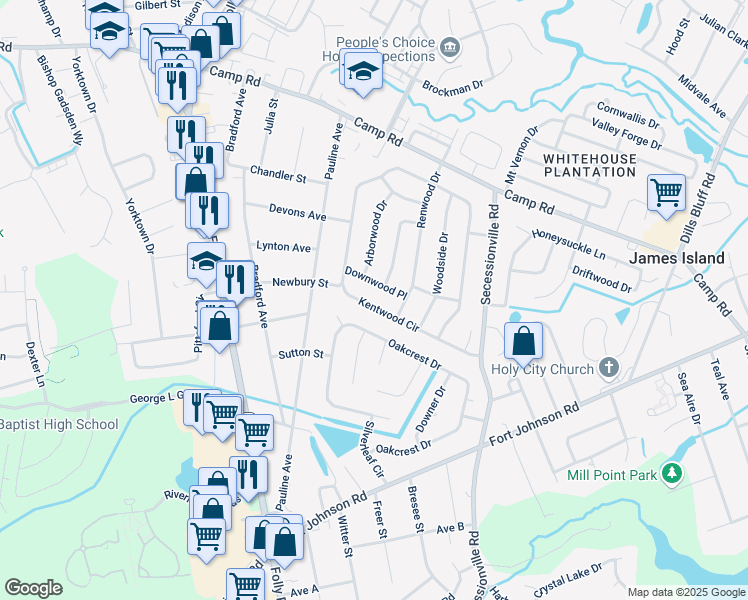 map of restaurants, bars, coffee shops, grocery stores, and more near 1519 Kentwood Circle in Charleston