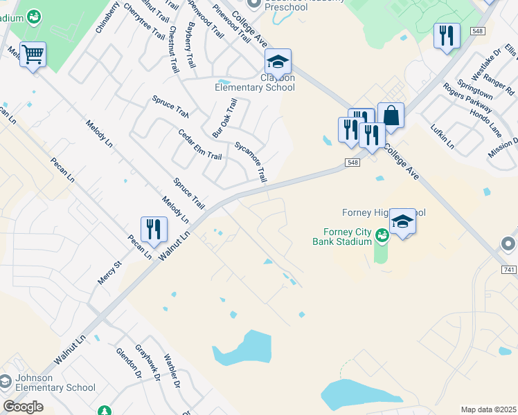 map of restaurants, bars, coffee shops, grocery stores, and more near 11619 Walnut Lane in Forney