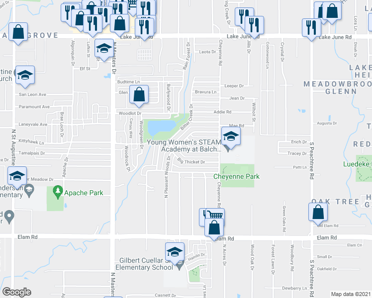 map of restaurants, bars, coffee shops, grocery stores, and more near 10604 Eastcrest Lane in Dallas