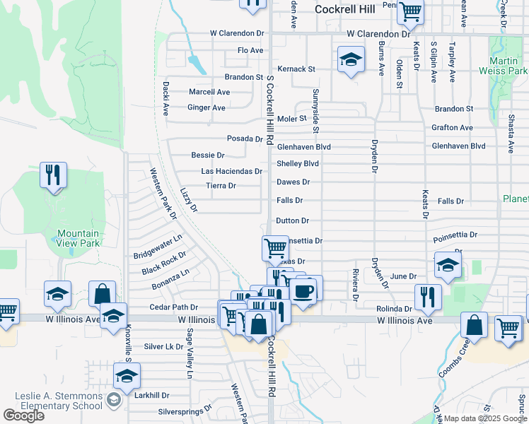map of restaurants, bars, coffee shops, grocery stores, and more near 4416 Lizzy Drive in Dallas