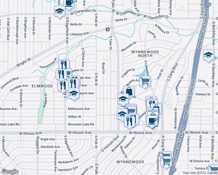 map of restaurants, bars, coffee shops, grocery stores, and more near 2007 South Tyler Street in Dallas